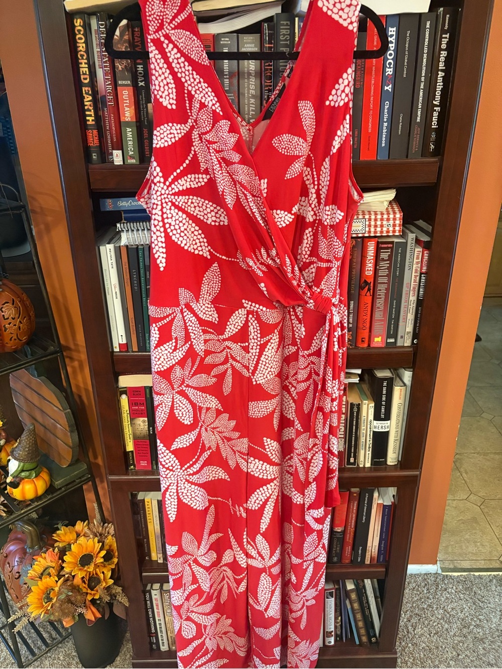 dennis basso red jumpsuit with White Leaf Print